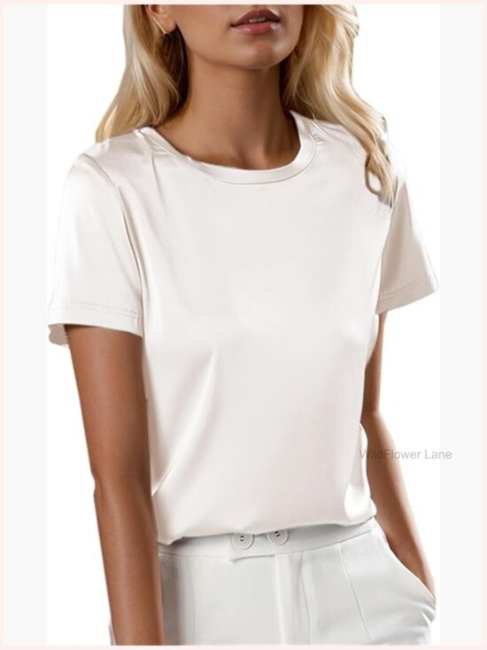 Tops - Silk Satin Crew Neck Blouse Short Sleeve Classic Fit Solid Casual T-Shirt Top